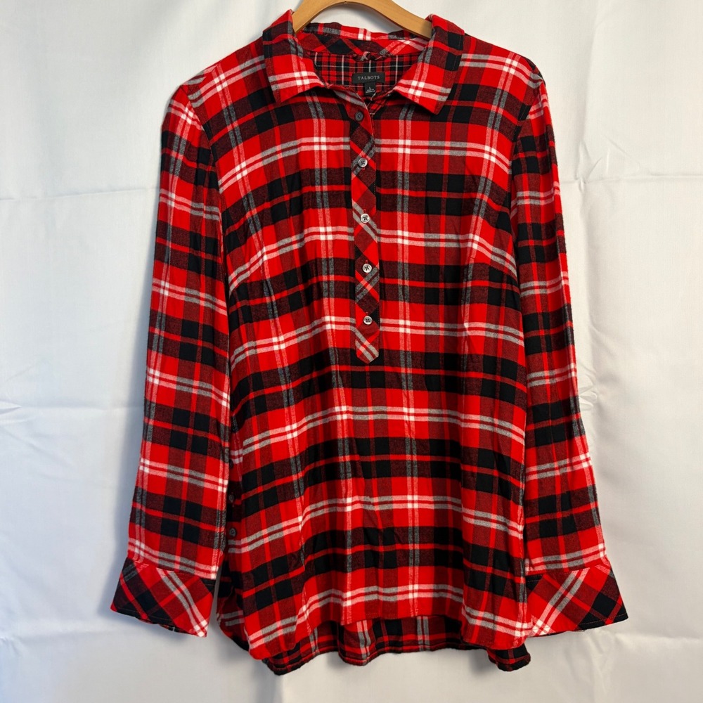 Talbots Womens Red Black Plaid Rayon Pullover Tunic Shirt Large Long Sleeve